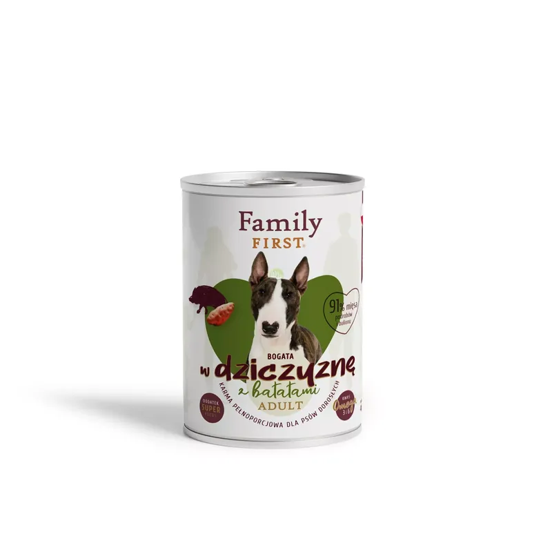 Ograniczona ilość Puszka dla psa, BOGATA W DZICZYZNĘ, z batatami, adult, 400g