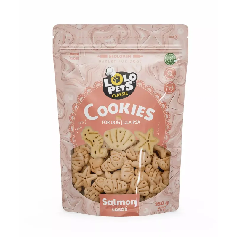 Cena promocyjna CIASTKA DLA PSA Z ŁOSOSIEM W FOLII DOYPACK 350g