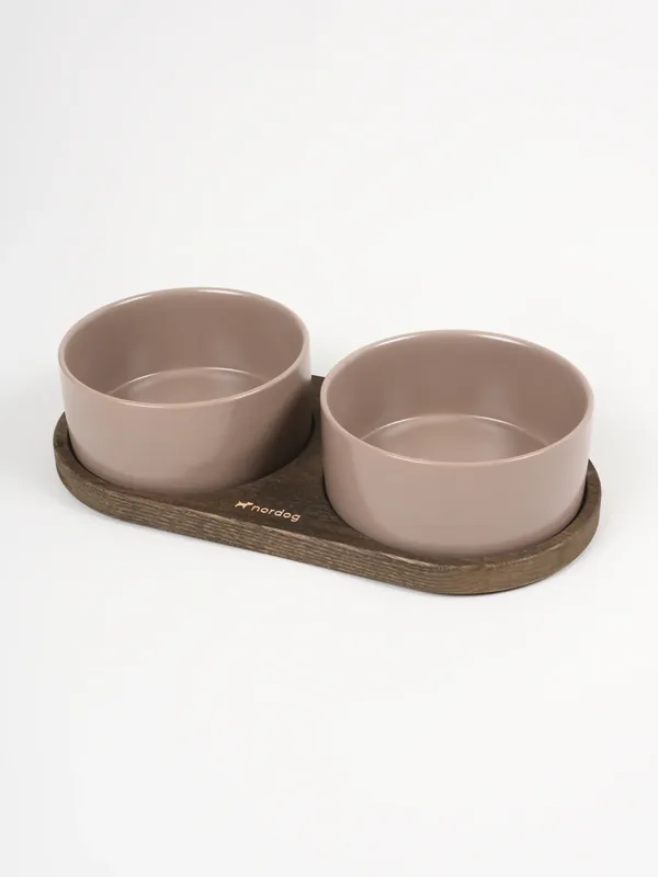 Oferta limitowana Nordog Barcelona Double Dog Bowl zestaw misek w kolorze mocca z podstawką ciemny dąb