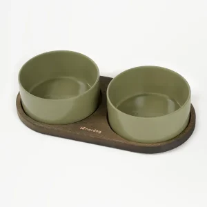 Taniej Nordog Barcelona Double Dog Bowl zestaw misek w kolorze khaki z podstawką ciemny dąb