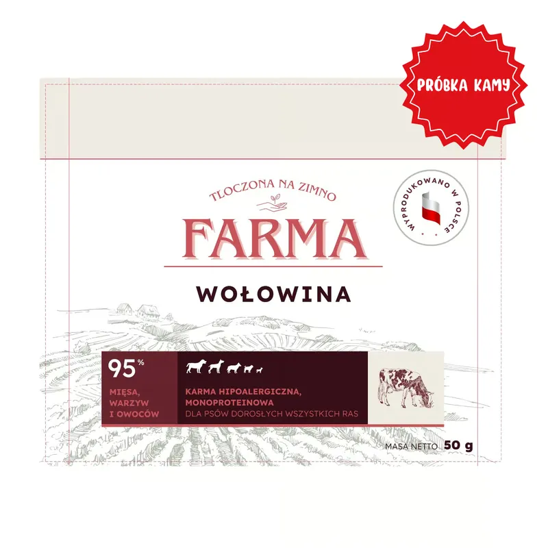 Farma – Wołowina Hipoalergiczna karma Tłoczona na Zimno próbka 50 g Tylko do końca tygodnia