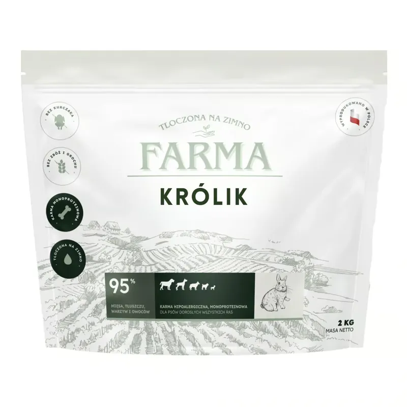 Farma – Królik Dla Psów dorosłych Hipoalergiczna Tłoczona na Zimno 2 kg Popularny