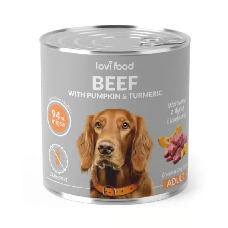 Łatwy zwrot Lovi Food Beef with Pumpkin 800g – monobiałkowa mokra karma dla psa, z wołowiną, dynią i kurkumą