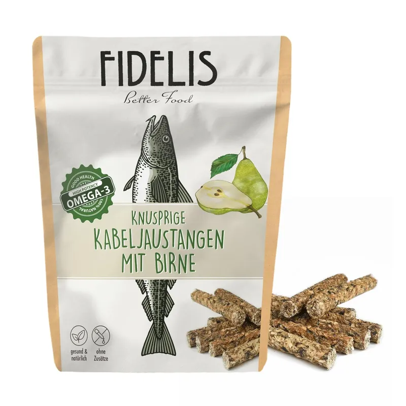 Fidelis Kabeljaustangen mit Birne – Pałeczki z dorsza z gruszką (100g) Dostępne od ręki