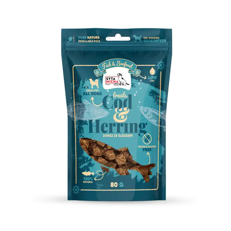 Do wyczerpania zapasów Syta Micha Fish & Seafood Przysmaki ze śledziem dla psa 80g