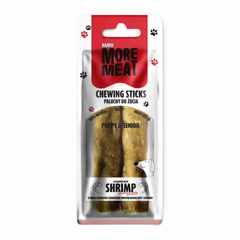 Bezpieczne zakupy Buba More Meat Paluch Puppy & Senior z dodatkiem krewetki, owocu dzikiej róży i witamin 2x15cm