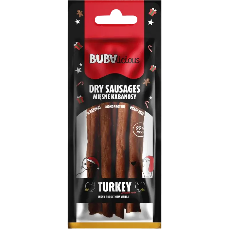 Bezpieczne zakupy BUBAlicious More Meat XMAS kabanosy 70g indyk z dodatkiem wanilii