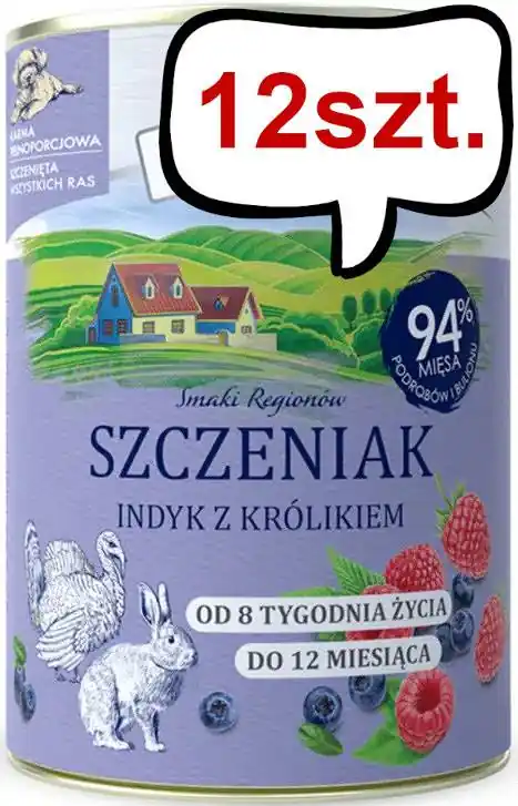Wyprzedaż Baltica Smaki Regionów Puppy Indyk z Królikiem Mokra Karma dla szczeniaka op. 400g Pakiet 12szt.