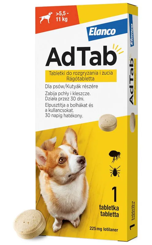 Elanco AdTab Tabletka na kleszcze i pchły 225mg dla psa o wadze 5.5kg-11kg op. 1szt. Obniżka ceny