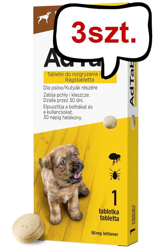 Elanco AdTab Tabletka na kleszcze i pchły 56.25mg dla psa o wadze 1.3kg-2.5kg op. 1szt. Pakiet 3szt. Wysoka jakość