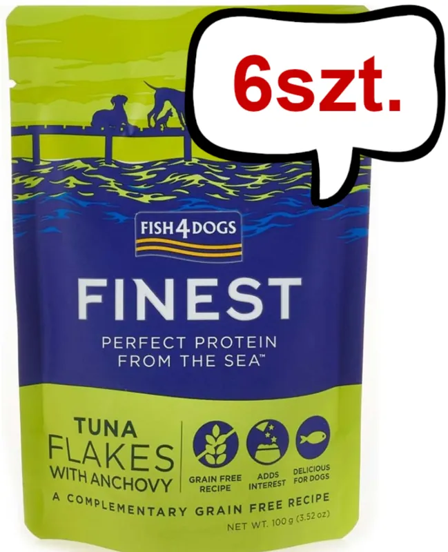 Hit sprzedaży Fish4Dogs Finest Tuna Flakes with Anchovy Mokra Karma dla psa op. 100g Pakiet 6szt.