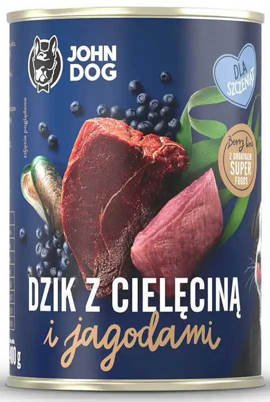 Wysoka jakość John Dog Berry line Puppy Dzik z Cielęciną i jagodami Mokra Karma dla szczeniąt op. 400g