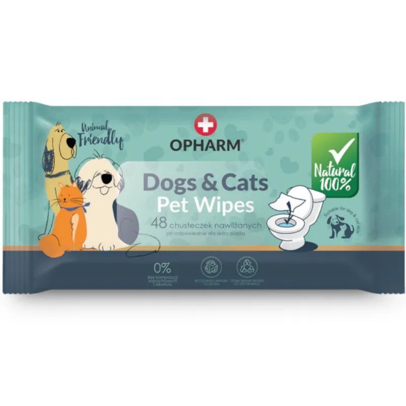 Opharm Dogs&Cats Pet Wipes Chusteczki nawilżane dla psa i kota op. 48szt. Zniżka