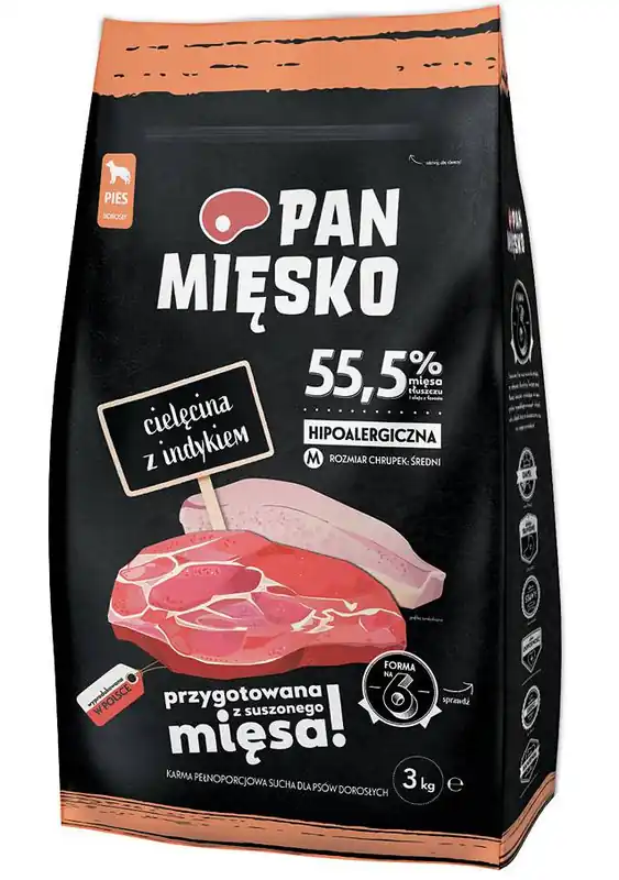 Łatwy zwrot Pan Mięsko Cielęcina z indykiem Medium Sucha Karma dla psa op. 3kg