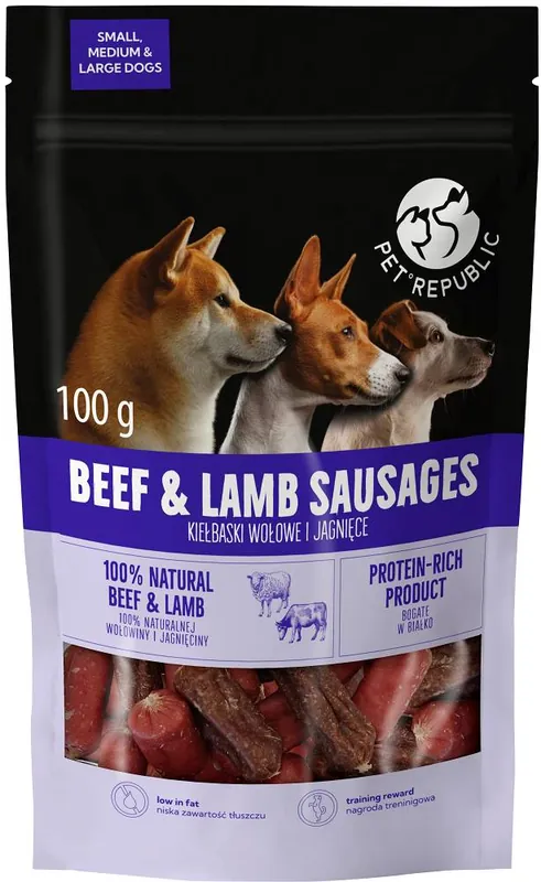 Sprawdź teraz Pet Republic Przysmak Beef&Lamb Sauages dla psa op. 100g