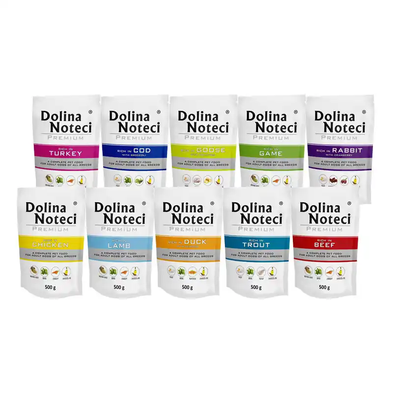 Nowość Mokra karma dla psa Dolina Noteci Premium mix smaków zestaw 10 x 500 g