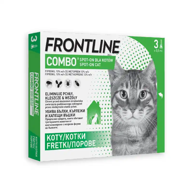 Frontline Combo Spot-on Roztwór do nakrapiania przeciwko pchłom i kleszczom dla kotów 3 pipetki 0,5 ml Bezpieczne zakupy