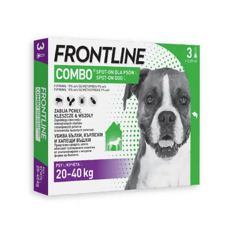 Nowość Frontline Combo Spot-on Roztwór do nakrapiania przeciwko pchłom i kleszczom dla psów L 3 pipetki 2,68 ml