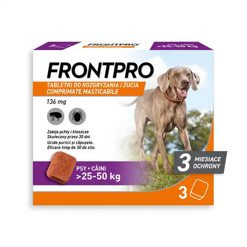 Szybka dostawa Frontpro Tabletka do rozgryzania i żucia przeciw pchłom i kleszczom dla psa >25-50 kg 3 szt. 136 mg