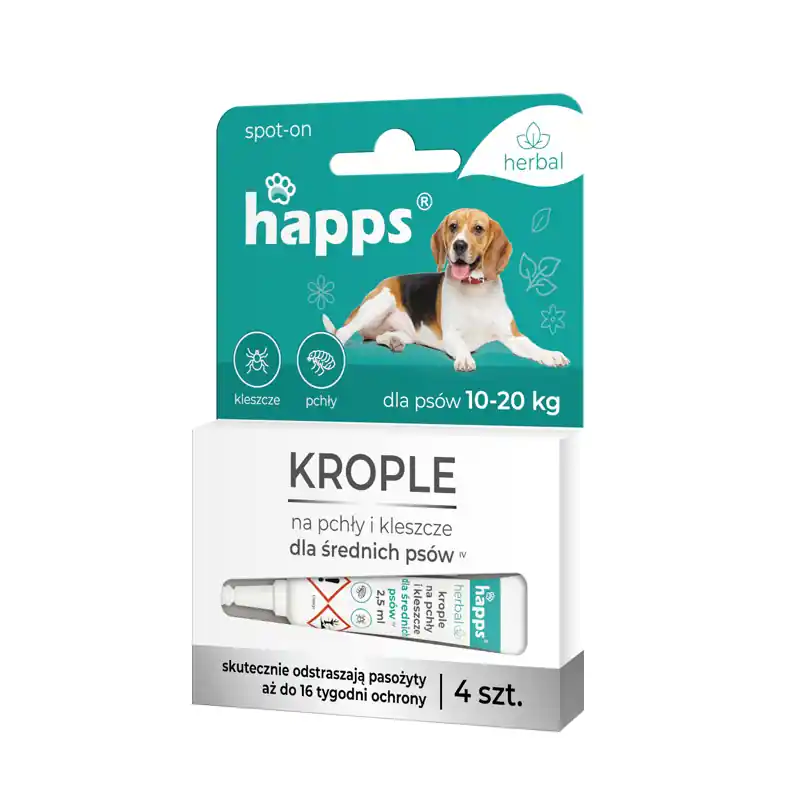 Dostępne od ręki Happs Herbal Krople na pchły i kleszcze dla średnich psów 10-20 kg
