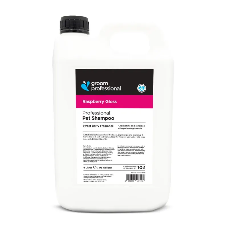 Wyjątkowa oferta Groom Professional Raspberry Gloss Shampoo 4 l - szampon malinowy do każdego rodzaju sierści