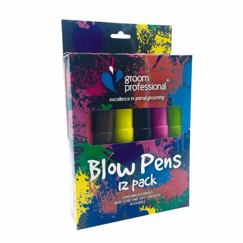 Groom Professional Creative Blow Pens 12 szt. - pisaki koloryzujące szatę zwierząt + zestaw szablonów Premium