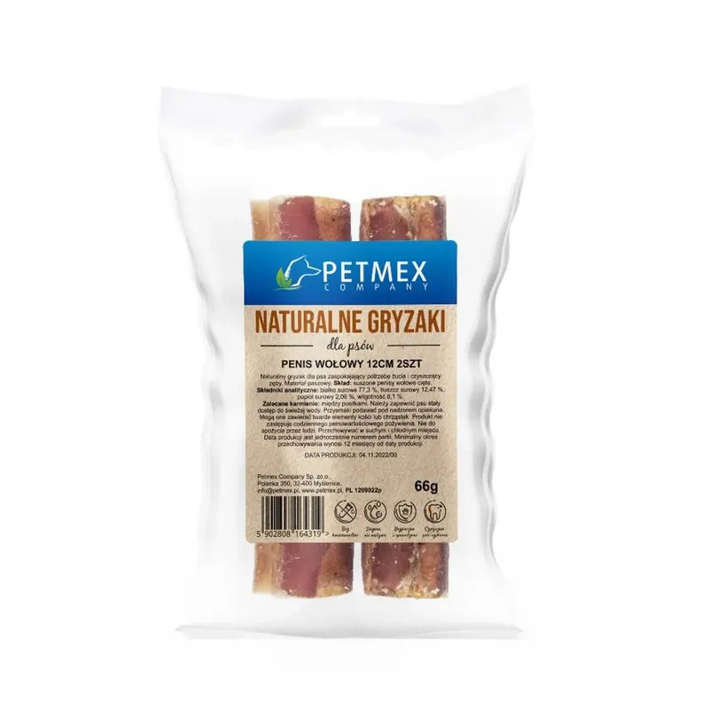 Wyjątkowa oferta Petmex Penis Wołowy Cięty Gryzak Naturalny Dla Psa 12 cm 2 Sztuki