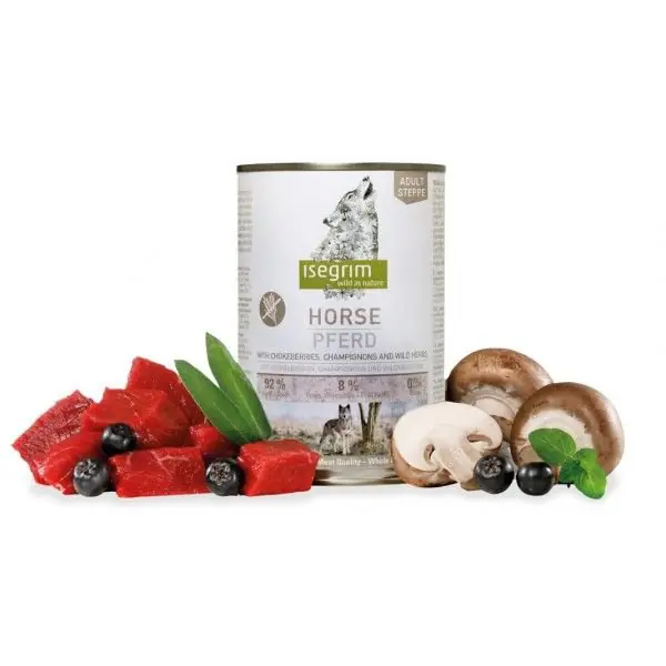 Bezpieczna płatność Isegrim Adult -konina, pieczarki, aronia i dzikie zioła puszka 400g