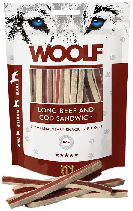 Woolf Long Beef and Cod Sandwich przysmak dla psa z wołowina i dorszem 100g Tylko do końca tygodnia