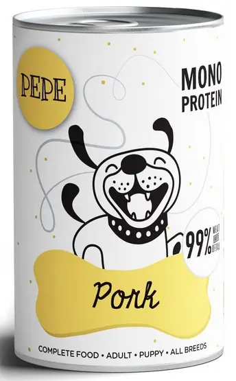 Rabat Paka Zwierzaka PEPE Pork puszka z wieprzowiną dla psa 99% mięsa, cennych podrobów oraz rosołu 400g