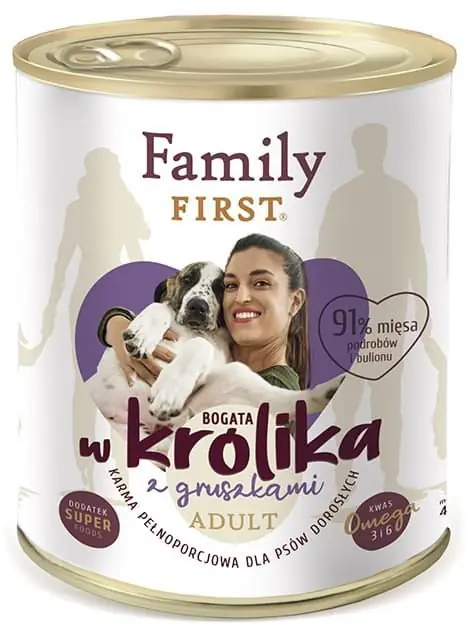 Popularny Family First dla psów dorosłych, bogata w królika z gruszkami