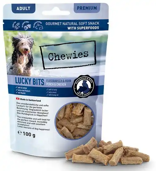 Popularny Chewies Lucky Bits Adult Okoń & kurczak przysmak superfood dla psa 100g