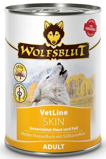 Do wyczerpania zapasów Wolfsblut Dog VetLine Skin mokra karma dla psa z problemami skórnymi i wypadającą sierścią puszka 395g