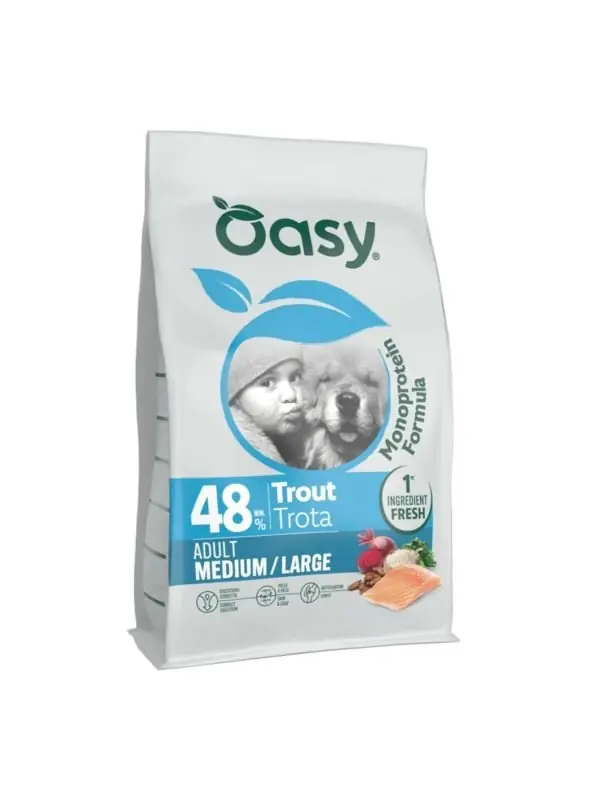 Taniej Oasy Monoprotein Adult Medium & Large Breed monobiałmkowa karma dla dorosłych psów ras średnich i dużych z pstrągiem